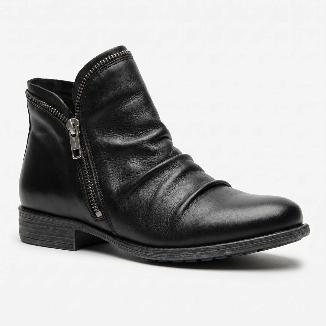Women's Leather Ankle Boots - Zip Up with Ruched Detail