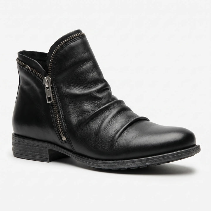 Women's Leather Ankle Boots - Zip Up with Ruched Detail