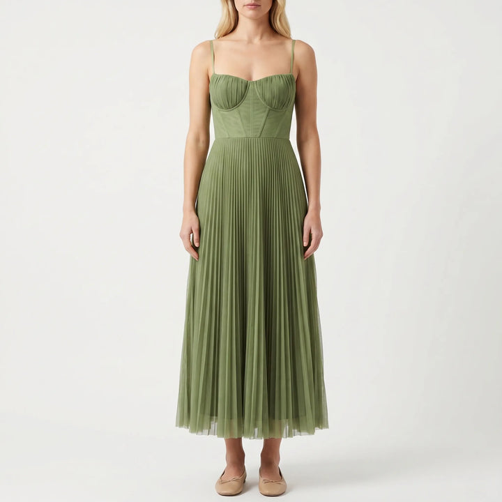 Women's Pleated Maxi Dress - Strappy A Line for Evening