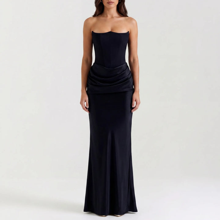 Women's Strapless Maxi Dress - Elegant Draped for Occasions
