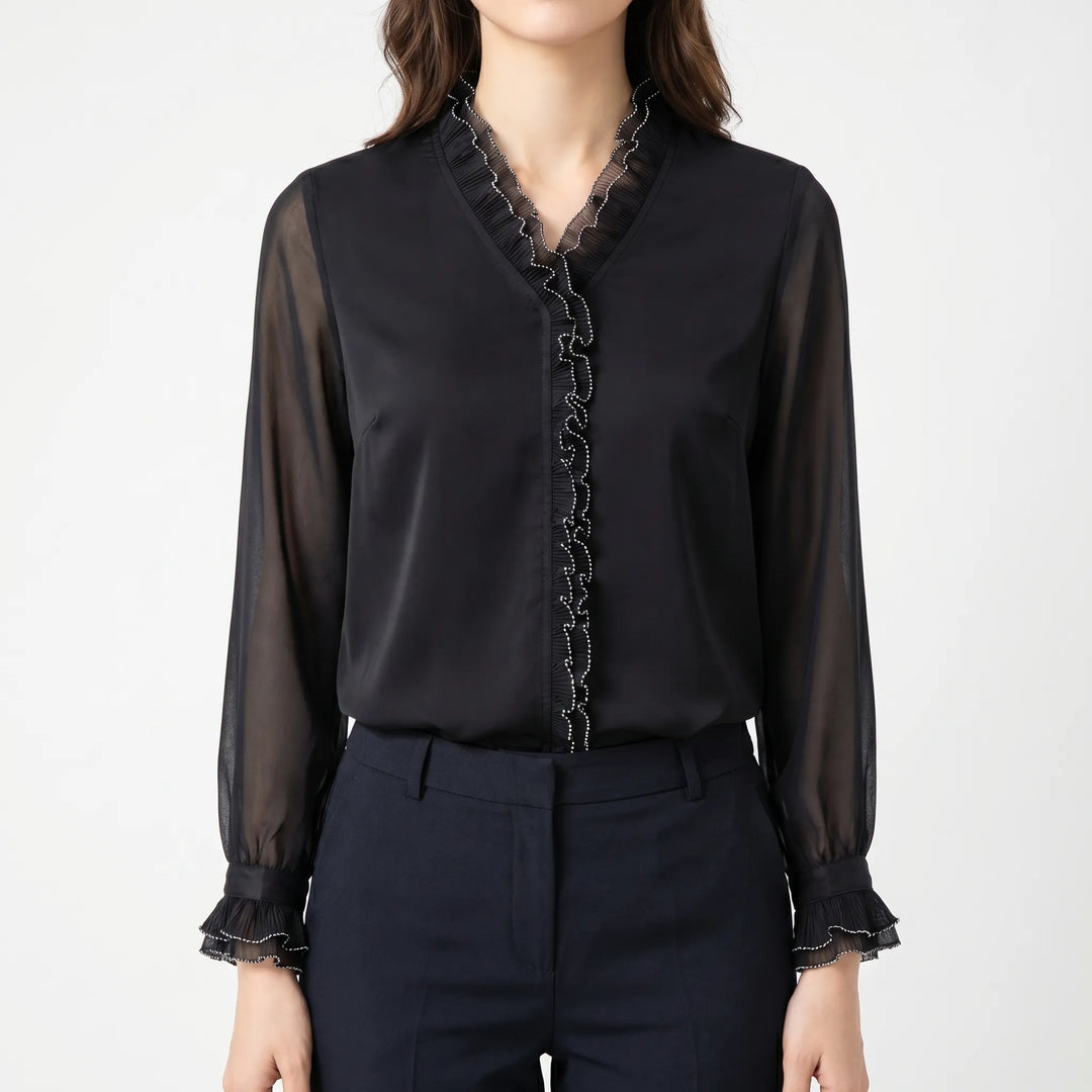 Women's Satin Ruffle Blouse - Elegant Sheer Long Sleeve Work Top