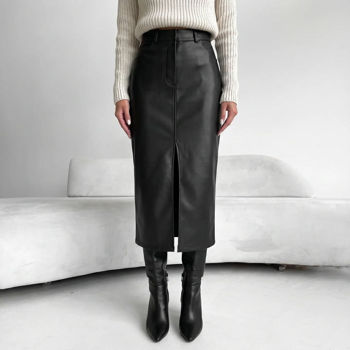 Women's Pencil Midi Skirt - High Waist with Slit for Work