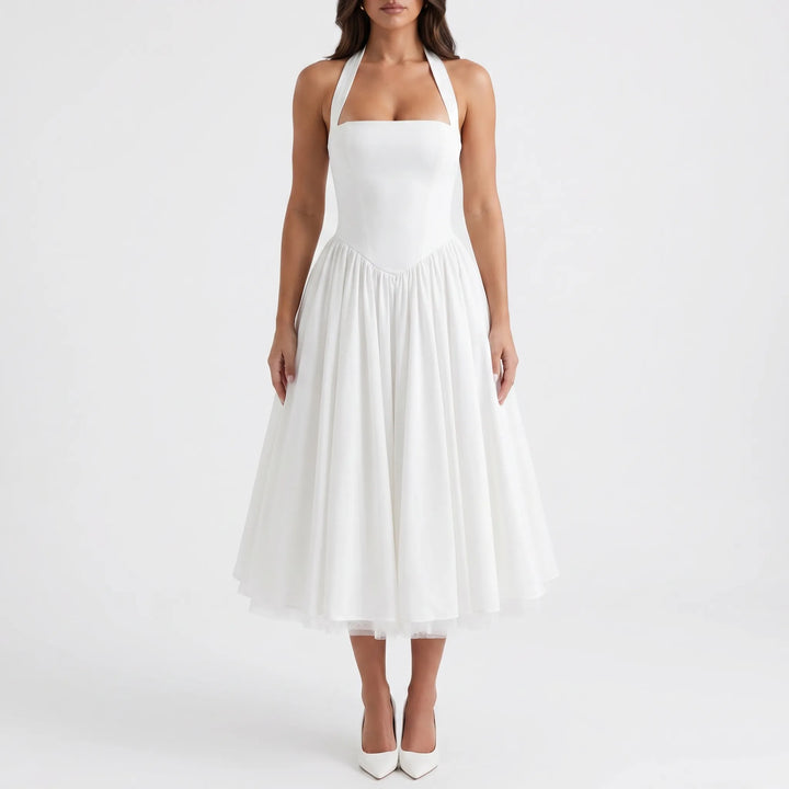Women's Halter Midi Dress - Fit and Flare for Wedding Guest