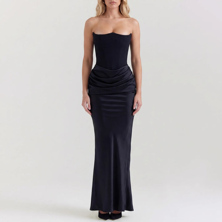 Women's Strapless Maxi Dress - Elegant Draped for Evening
