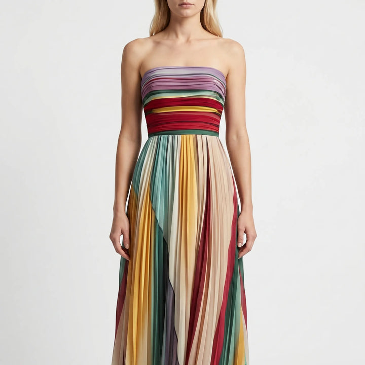 Women's Strapless Maxi Dress - Pleated Colorblock for Evening