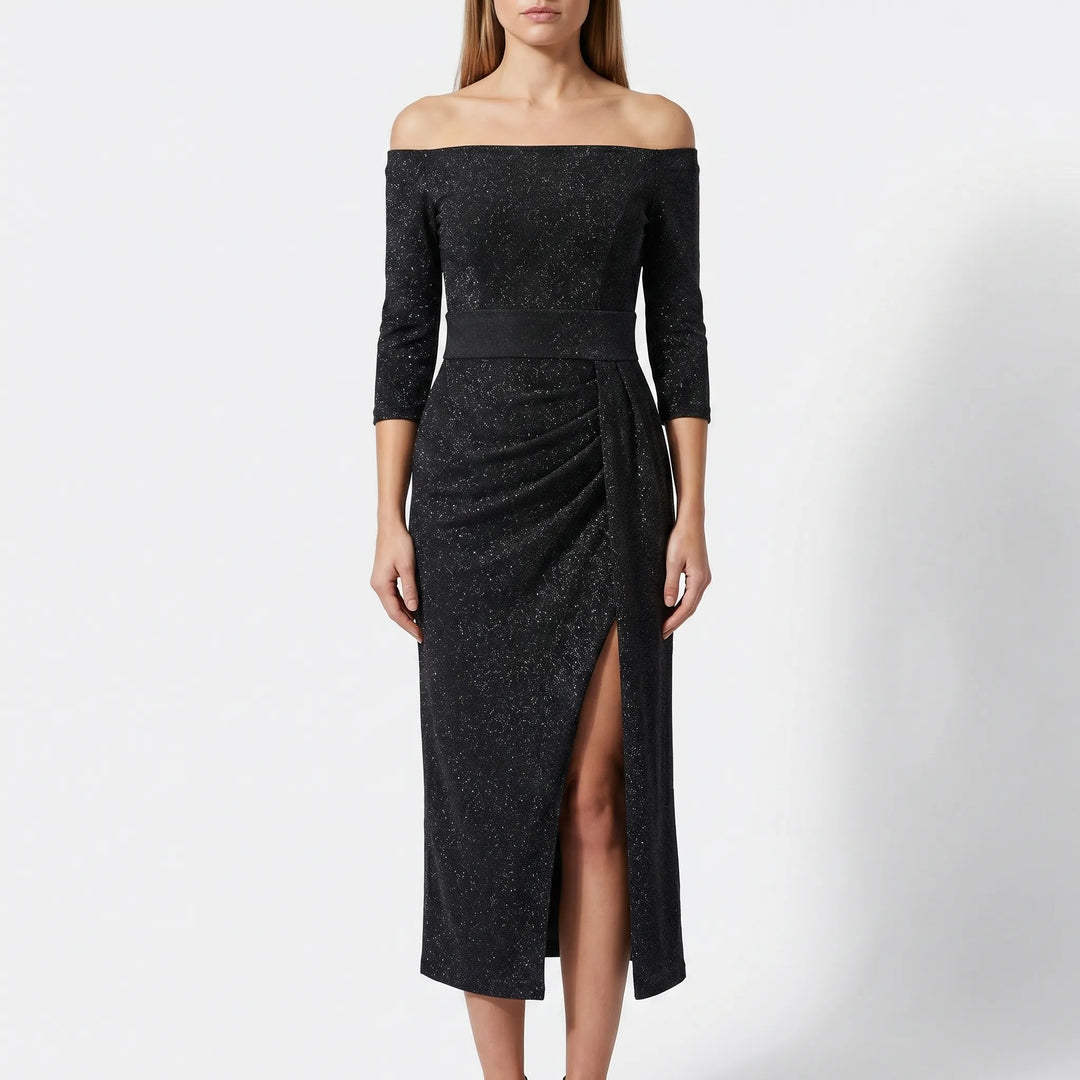 Women's Off Shoulder Midi Dress - Shimmer Bodycon for Evening