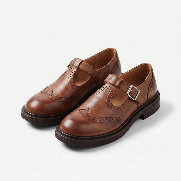 Women's Mary Jane Shoes - Brogue Detail with Buckle Strap