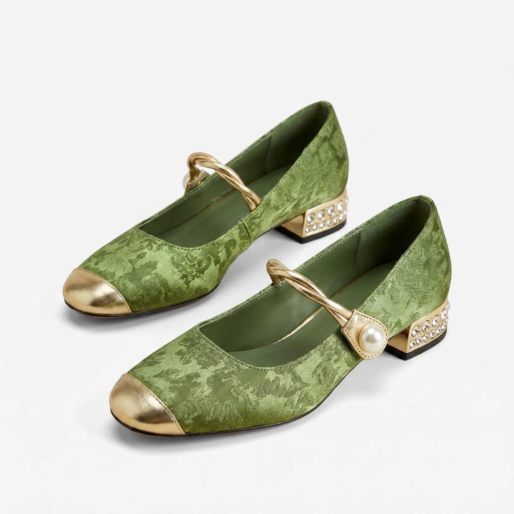 Women's Elegant Pearl Strap Block Heels - Cap Toe for Occasion