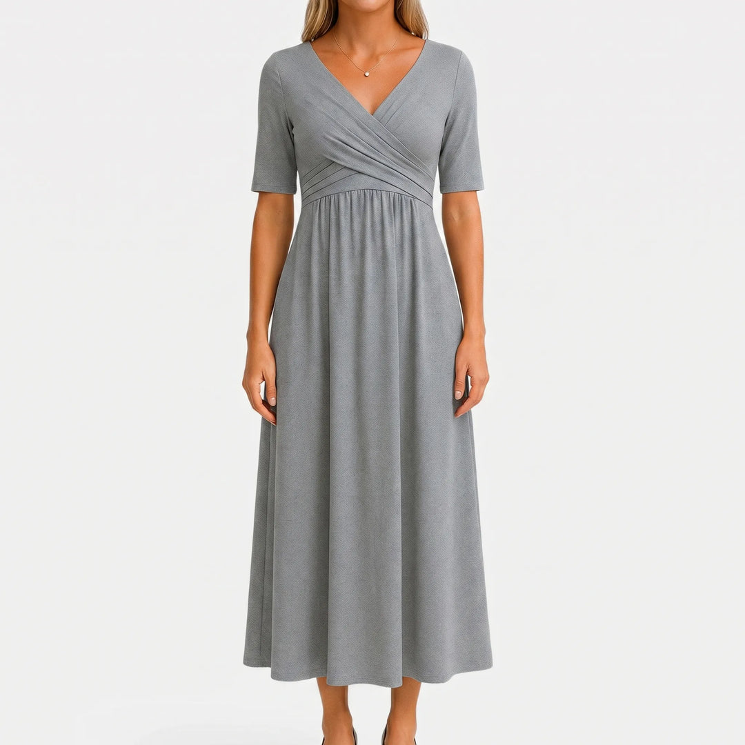 Women's V Neck Midi Dress - Wrap Bodice with Short Sleeve