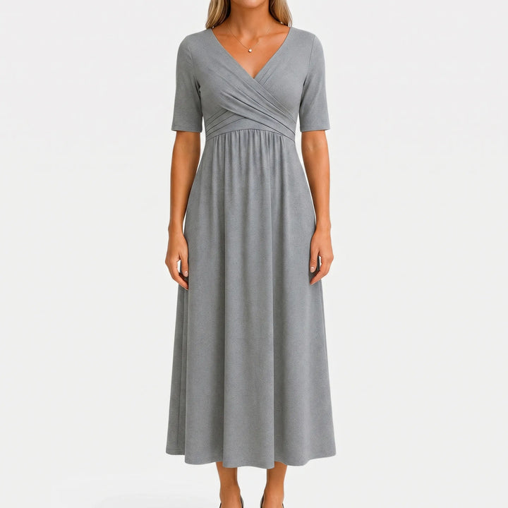 Women's V Neck Midi Dress - Wrap Bodice with Short Sleeve