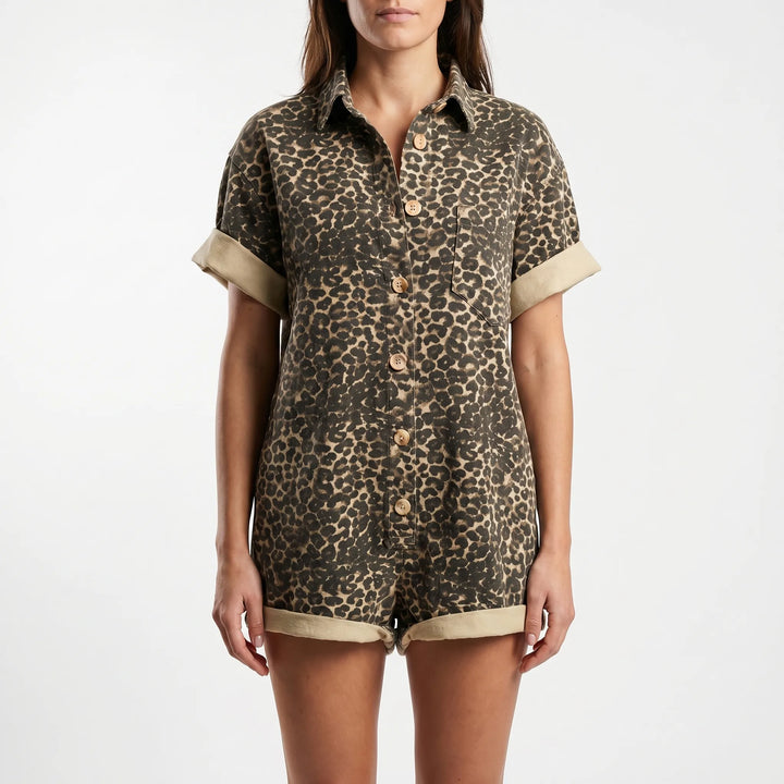 Women's Leopard Print Romper - Shirt Style for Summer