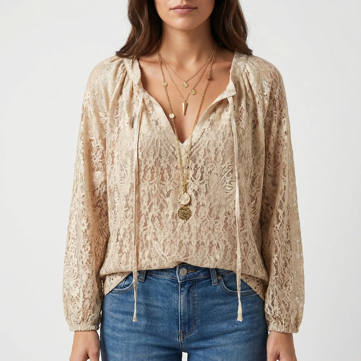Women's Boho Lace Blouse - Casual Sheer V Neck Long Sleeve Summer Top