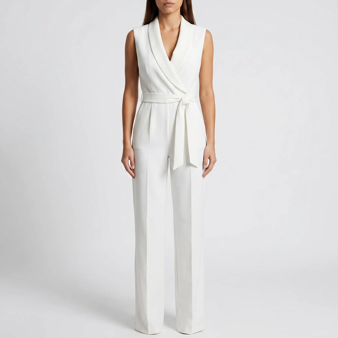 Women's V Neck Wrap Jumpsuit - Sleeveless with Wide Leg