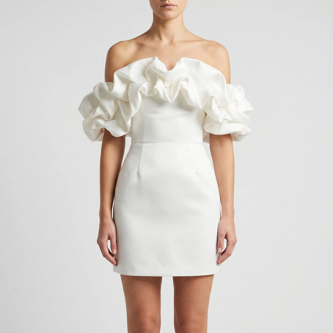 Women's Off Shoulder Mini Dress - Ruffle Detail for Wedding Guest