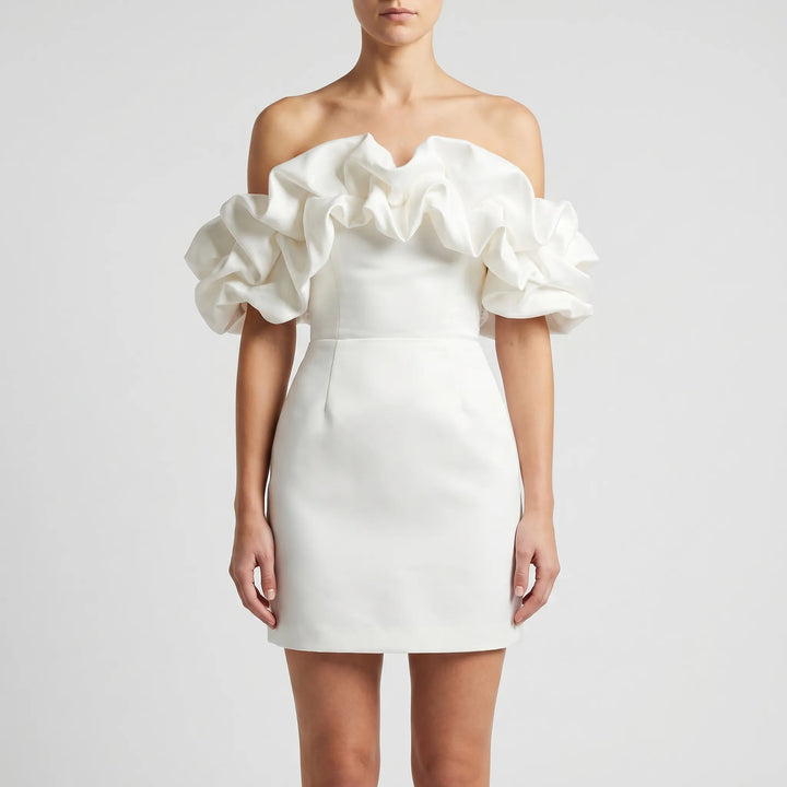 Women's Off Shoulder Mini Dress - Ruffle Detail for Wedding Guest