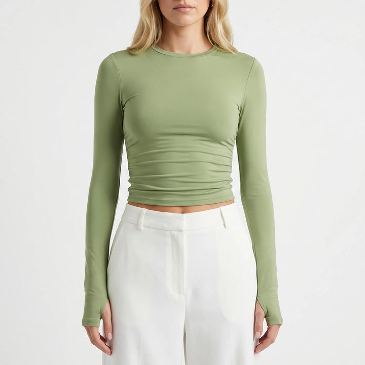 Women's Long Sleeve Crop Top - Ruched Fitted Tee for Summer