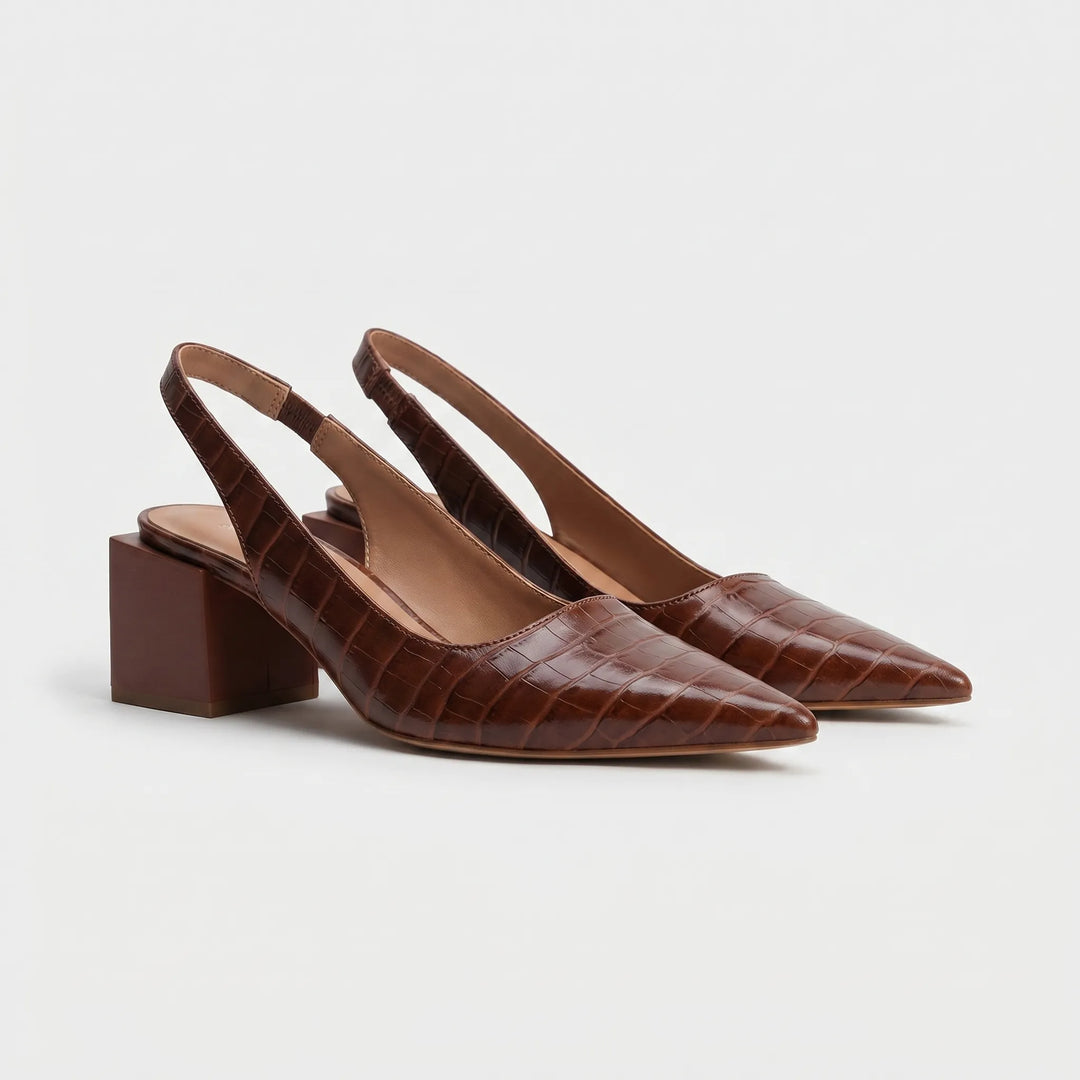 Women's Slingback Block Heels - Pointed Toe with Embossed Detail