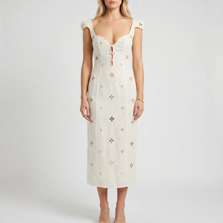 Women's Embroidered Midi Dress - Cap Sleeve for Wedding Guest
