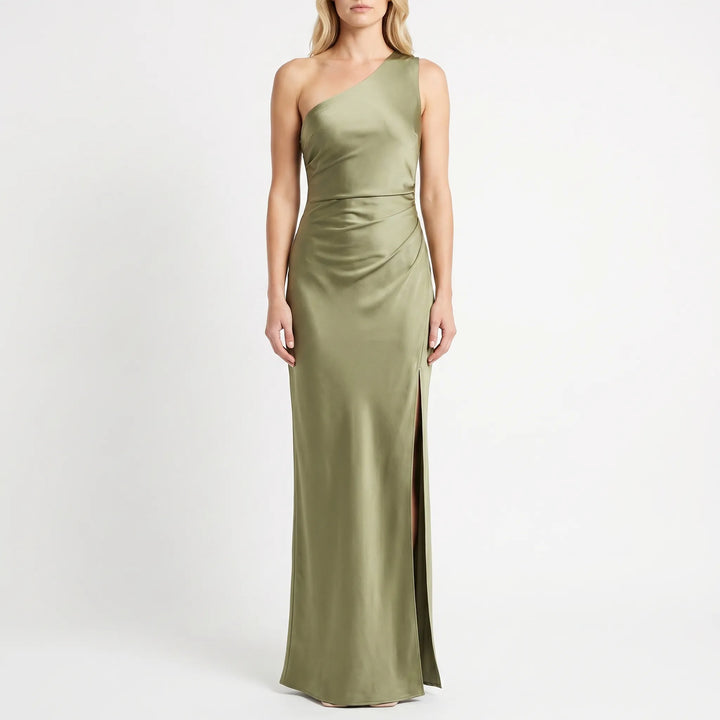 Women's One Shoulder Maxi Dress - Ruched with Side Slit