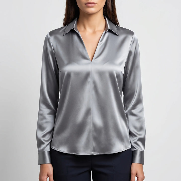 Women's Satin V Neck Blouse - Collared with Long Sleeve for Work