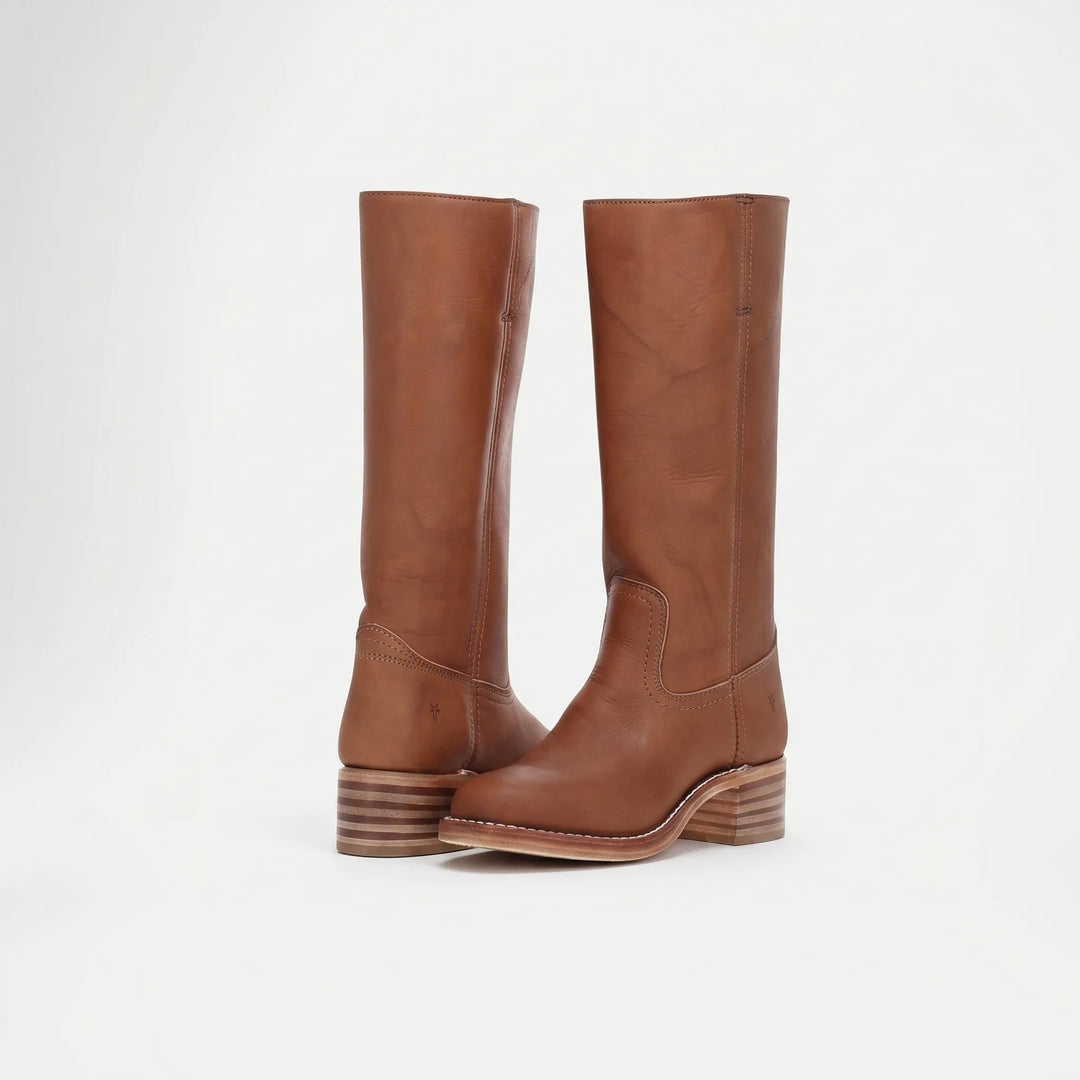 Women's Leather Knee High Boots - Stacked Heel with Square Toe