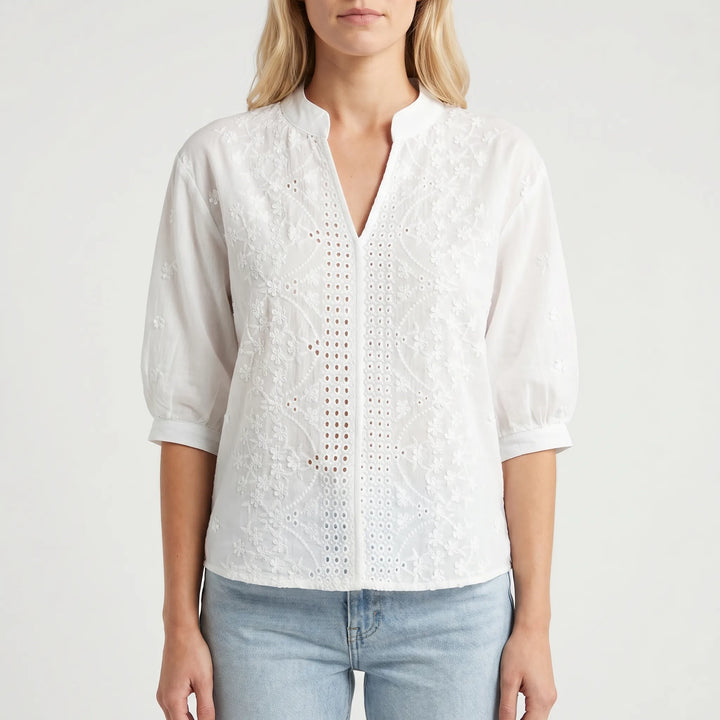 Women's Summer V Neck Blouse - Embroidered Eyelet Puff Sleeve Top