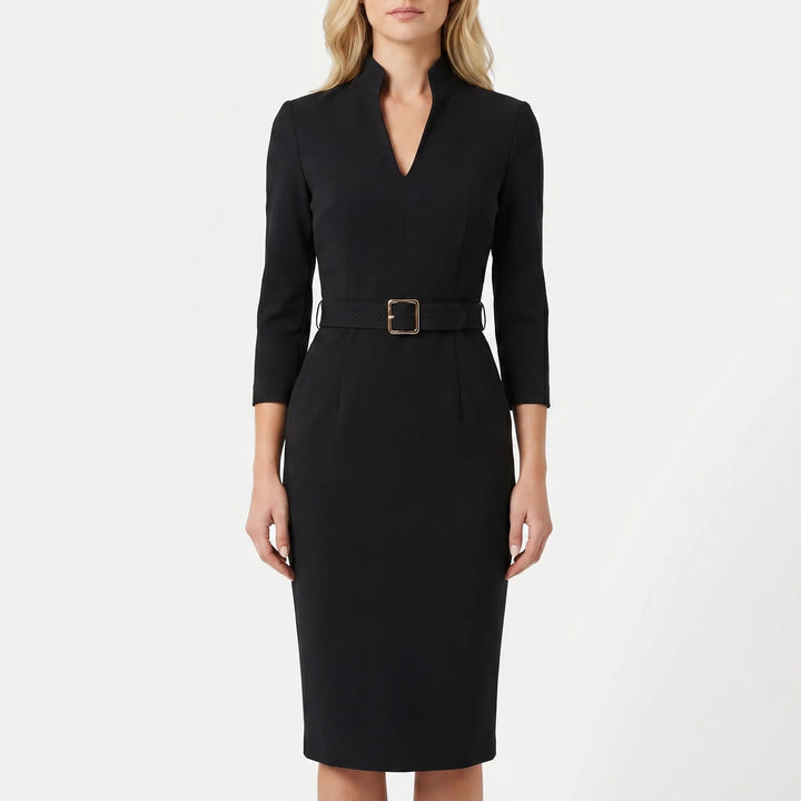 Women's Belted Sheath Midi Dress - Long Sleeve Bodycon with Pockets