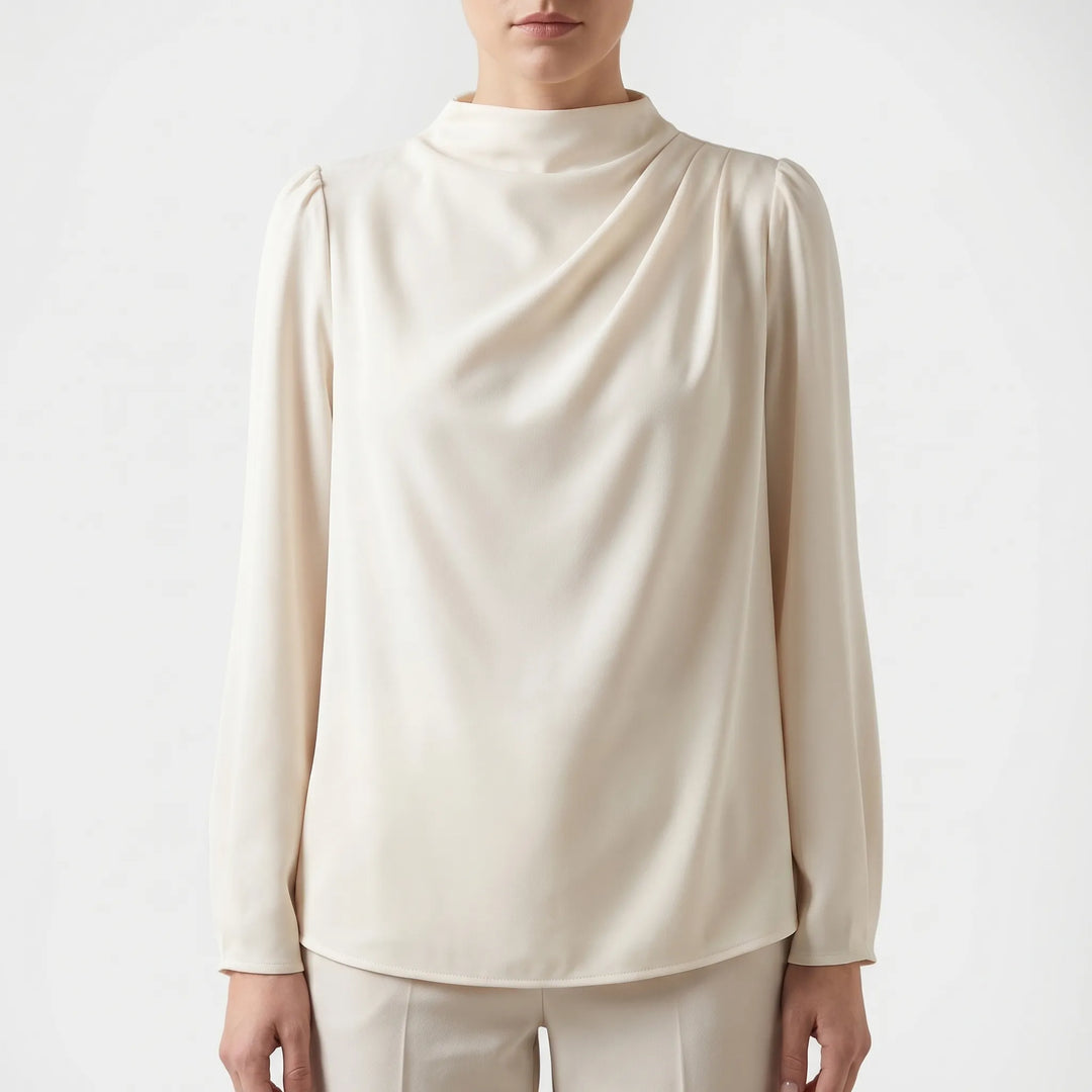 Women's Satin Draped Blouse - Elegant Long Sleeve Work Top