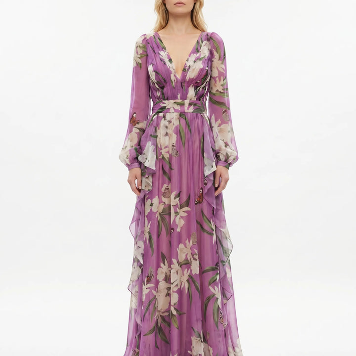 Women's Floral Maxi Dress - V Neck with Long Sleeve for Evening