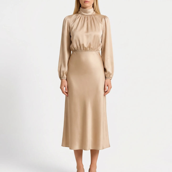 Women's Long Sleeve High Neck Midi Dress - Elegant Evening