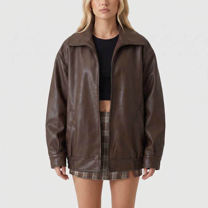 Women's Leather Bomber Jacket - Oversized with Zip Up