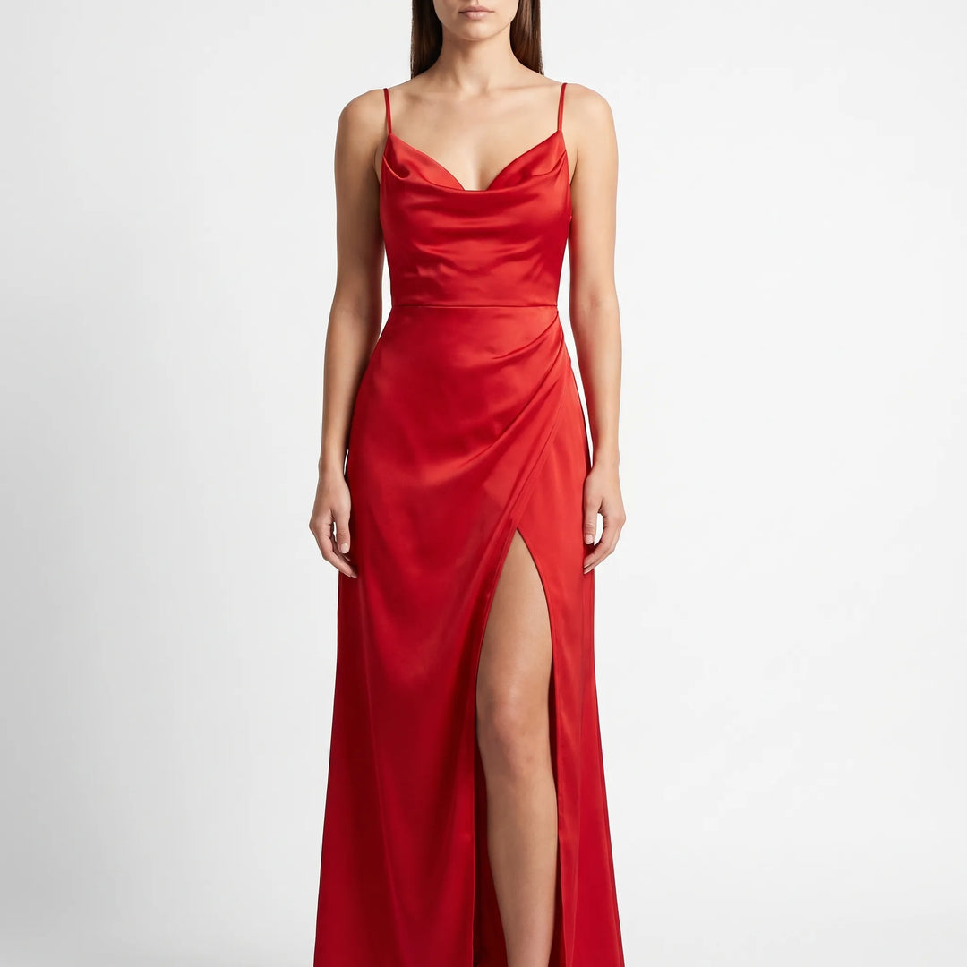 Women's Cowl Neck Maxi Dress - High Slit for Occasions