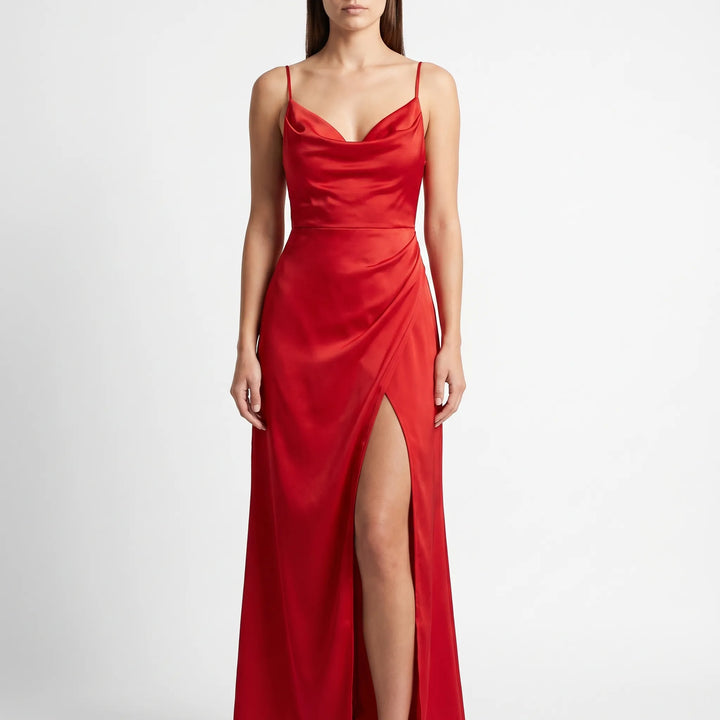 Women's Cowl Neck Maxi Dress - High Slit for Occasions