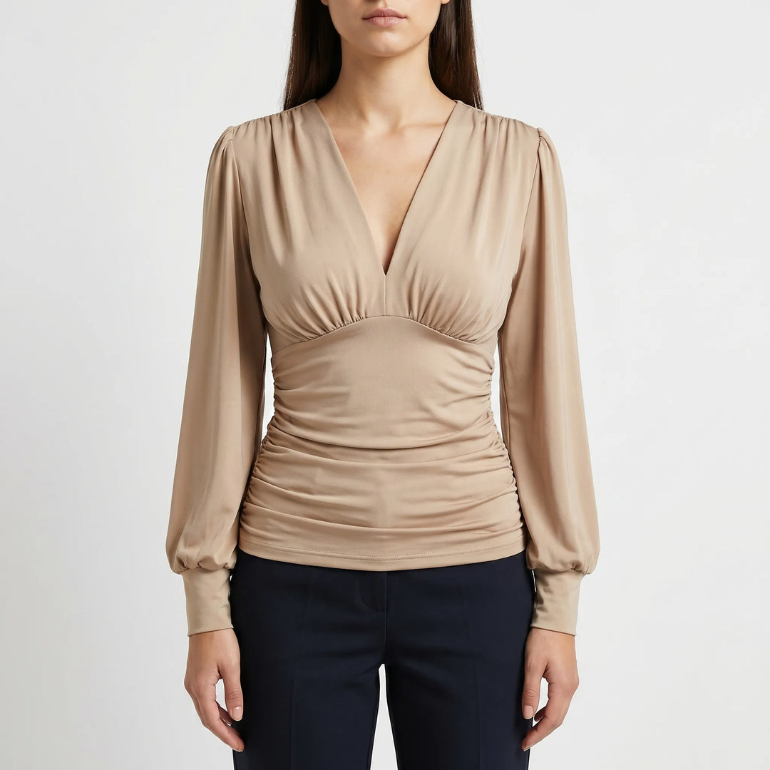 Women's Wrap V Neck Blouse - Dressy Ruched Waist Long Sleeve Top