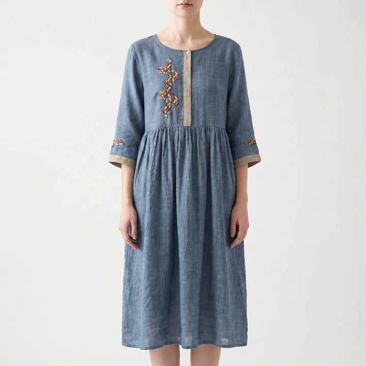 Women's Embroidered Boho Midi Dress - Casual Summer Sundress