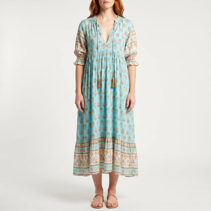 Women's Summer Printed Midi Dress - Boho Casual V Neck Loose Fit