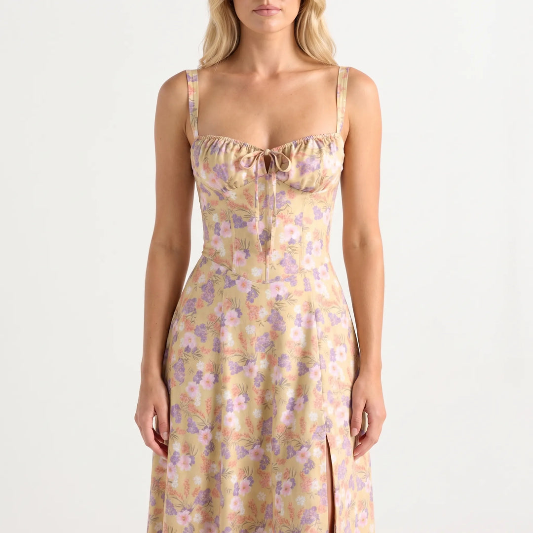 Women's Floral Midi Dress - Corset Bodice with Side Slit