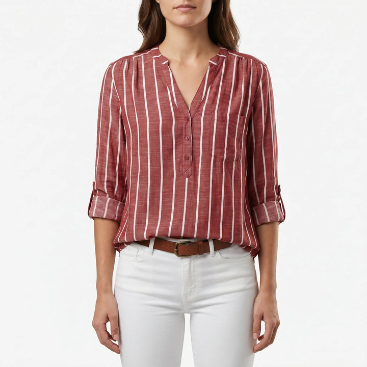 Women's Striped V Neck Blouse - Casual Summer Button Front