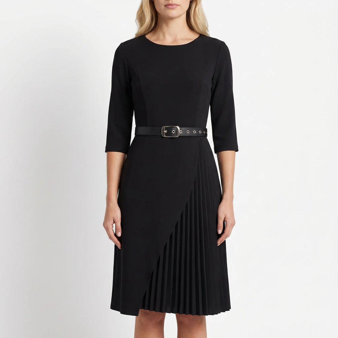 Women's Belted Midi Dress - Pleated Skirt with Round Neck
