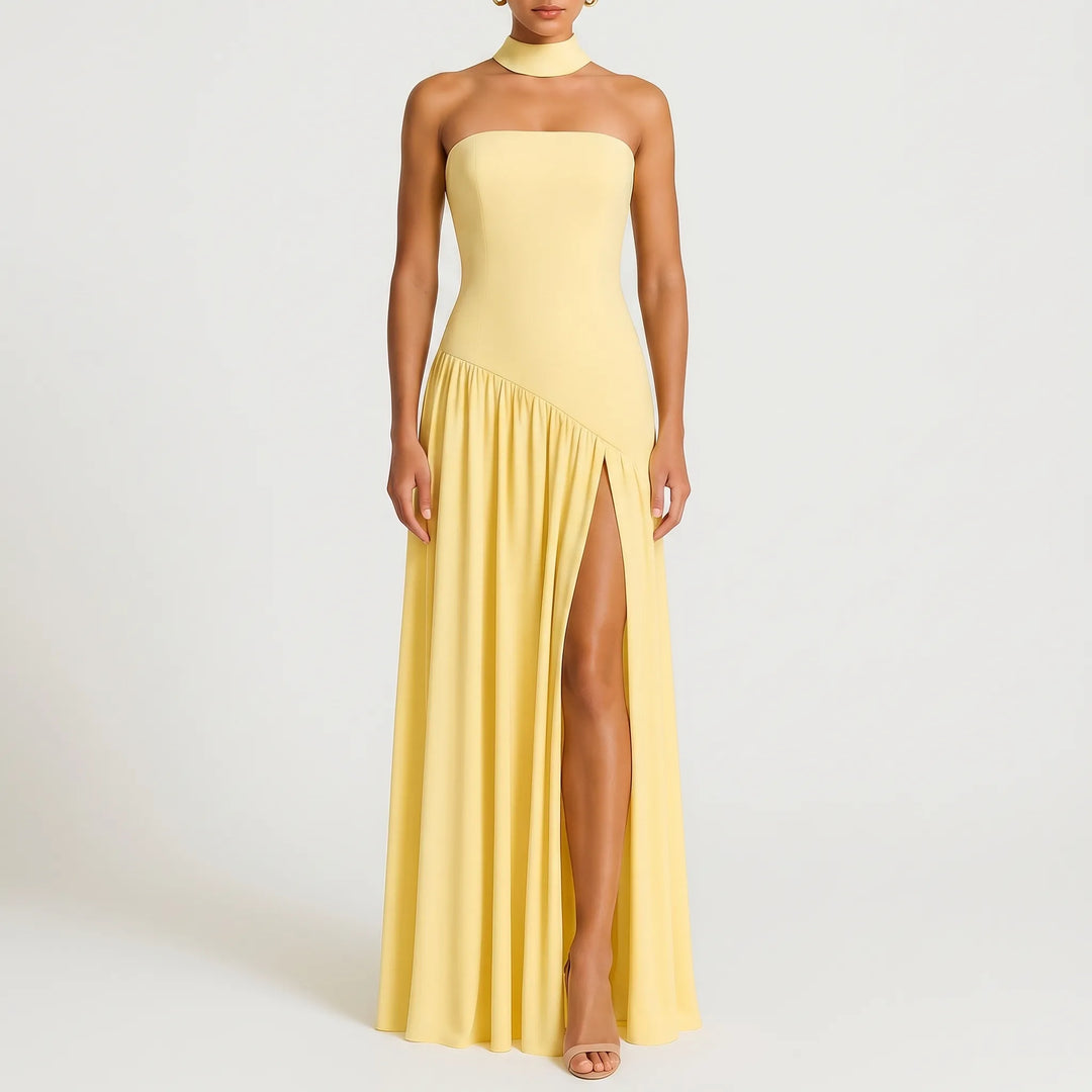 Women's Strapless Maxi Dress - High Slit with Choker Detail