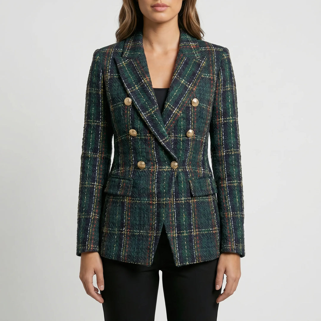 Women's Plaid Blazer Jacket - Double Breasted Tailored Fit