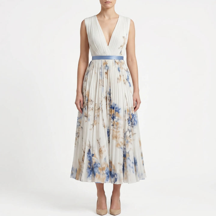 Women's Pleated Midi Dress - V Neck with Contrast Waist