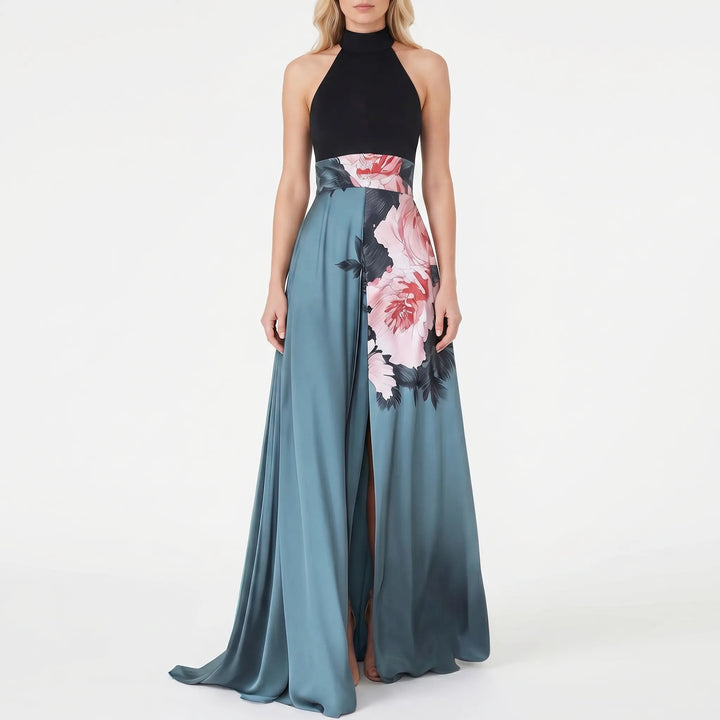 Women's Halter Maxi Dress - Floral Evening Gown with Slit