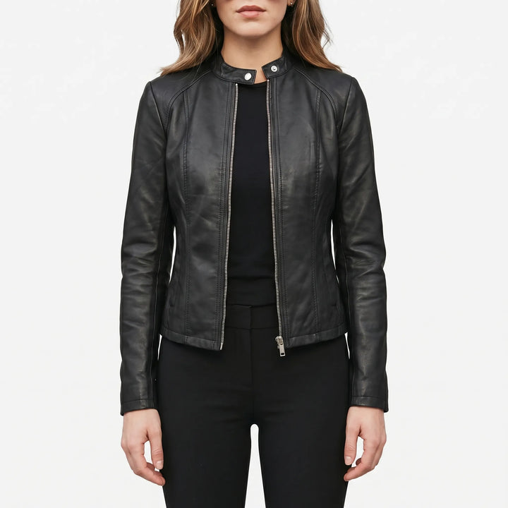 Women's Slim Fit Biker Jacket - Zip Up with Stand Collar