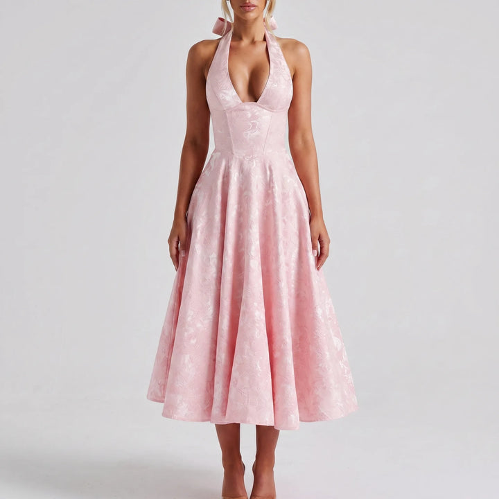 Women's Halter Midi Dress - V Neck with Flared Skirt