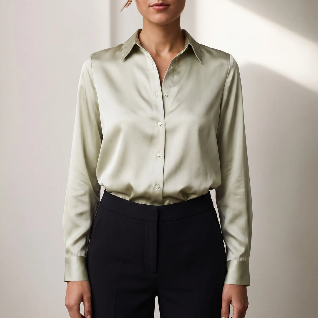 Women's Satin Button Down Blouse - Elegant Long Sleeve Work Shirt