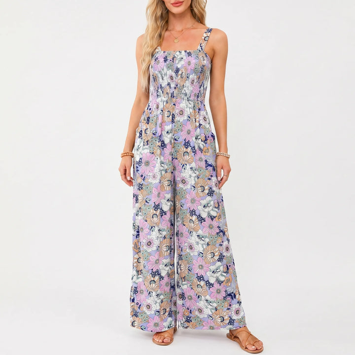 Women's Floral Wide Leg Jumpsuit - Smocked Bodice with Pockets