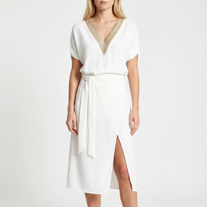 Women's V Neck Wrap Midi Dress - Belted Summer Sundress