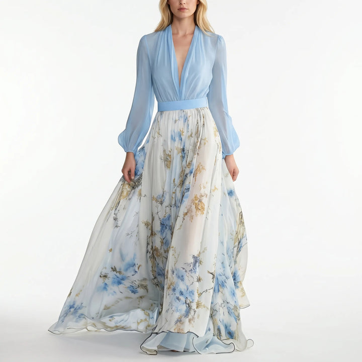 Women's Floral Maxi Dress - Long Sleeve with Contrast Bodice
