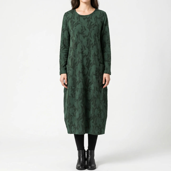 Women's Printed Midi Dress - Relaxed Fit with Long Sleeve